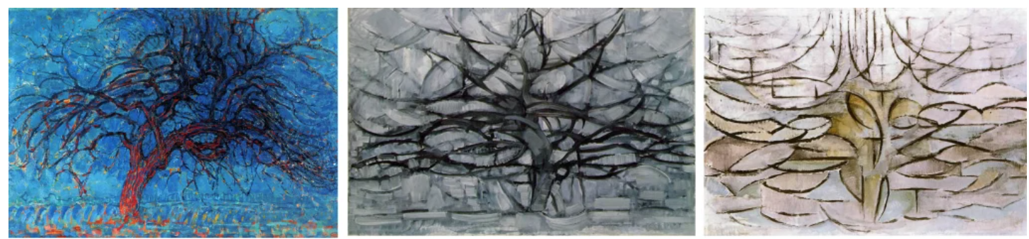Piet Mondrian. Left to Right: 1. The Red Tree (1908-1910) 2. The Grey Tree (1911) 3. Flowering Apple Tree (1912)